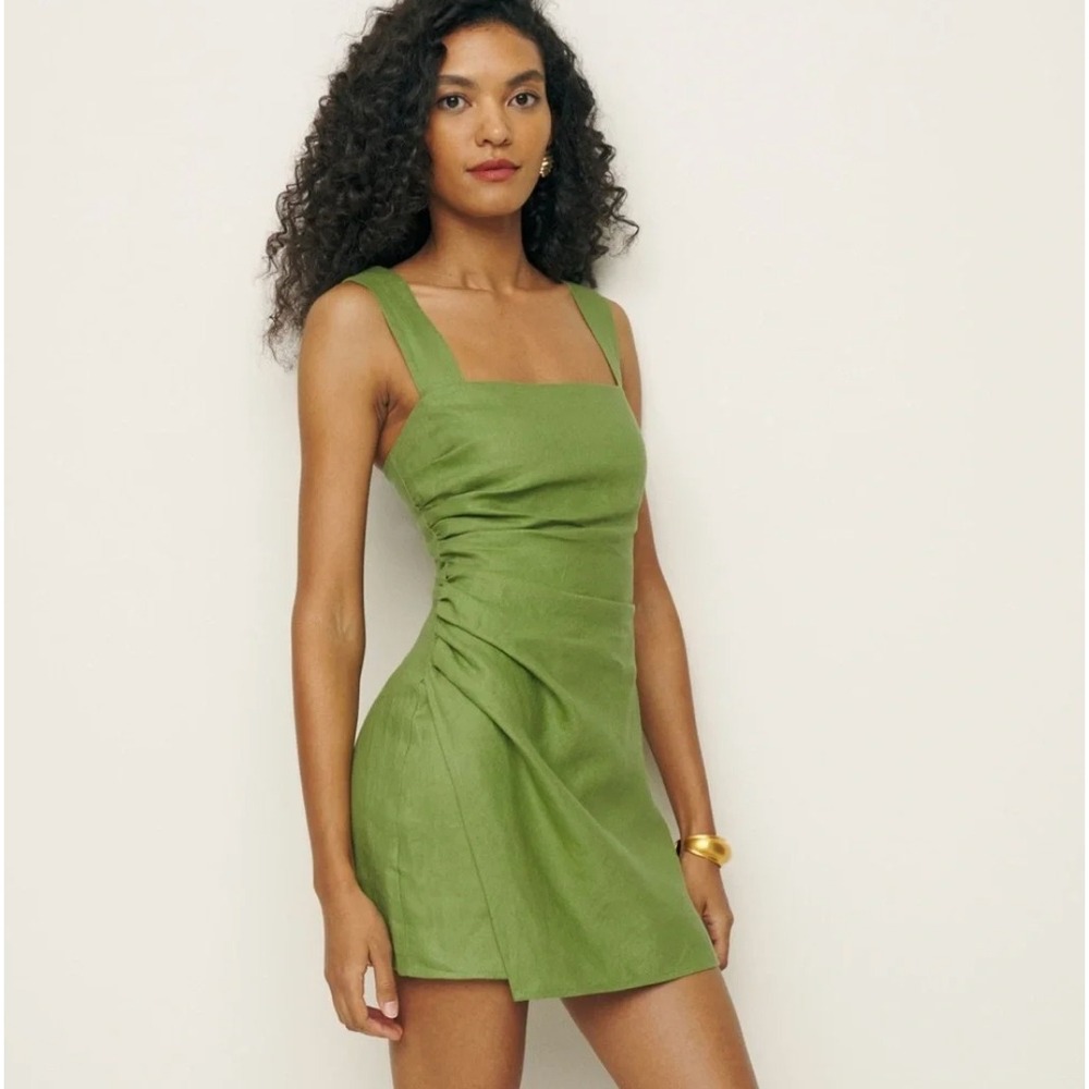 Reformation Kerrigan Linen Dress 4 Green Ruched Mini Summer Sustainable Chic